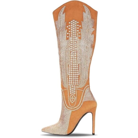 🆕Women Gold Cape Robbin Knee-High Western Cowboy Boots - Wide Calf Dress Boots - Picture 1 of 7